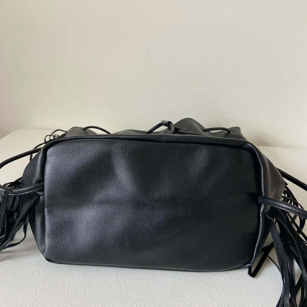 NEW Victoria’s Secret faux‎ leather black fringe tassel backpack purse bag